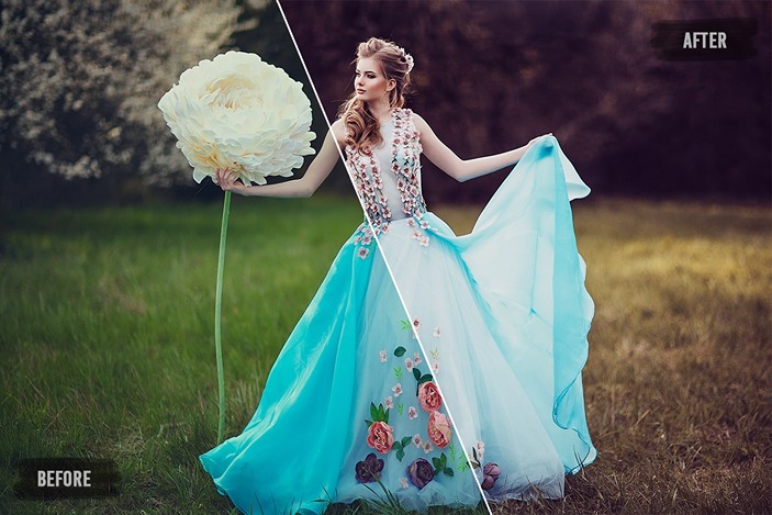 a photo showcasing a woman in sky blue dress holding a giant flower before and after editing with lightroom presets
