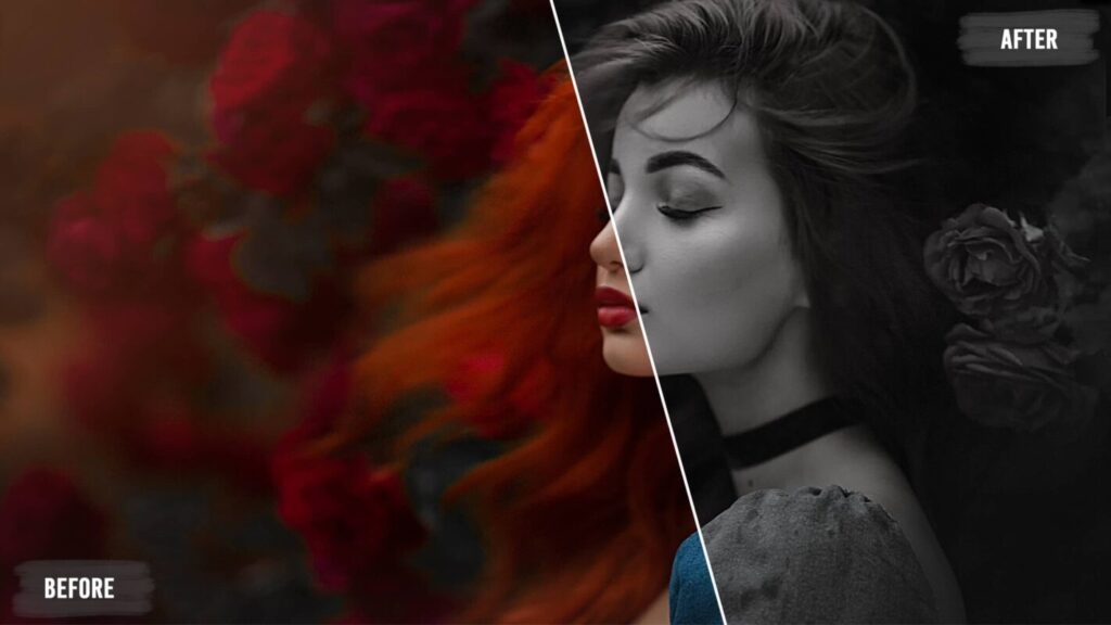 before and after edit picture showcasing a woman with long hair