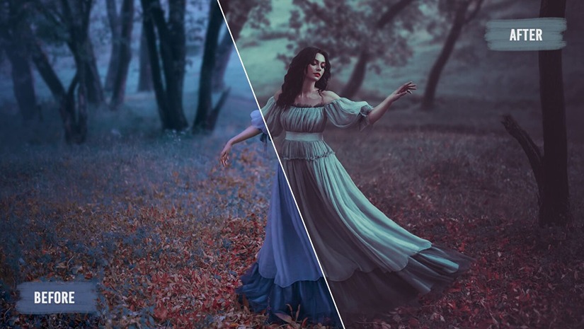 A picture showcasing a woman wearing a free flow long dress in the woods editied using luts and presets