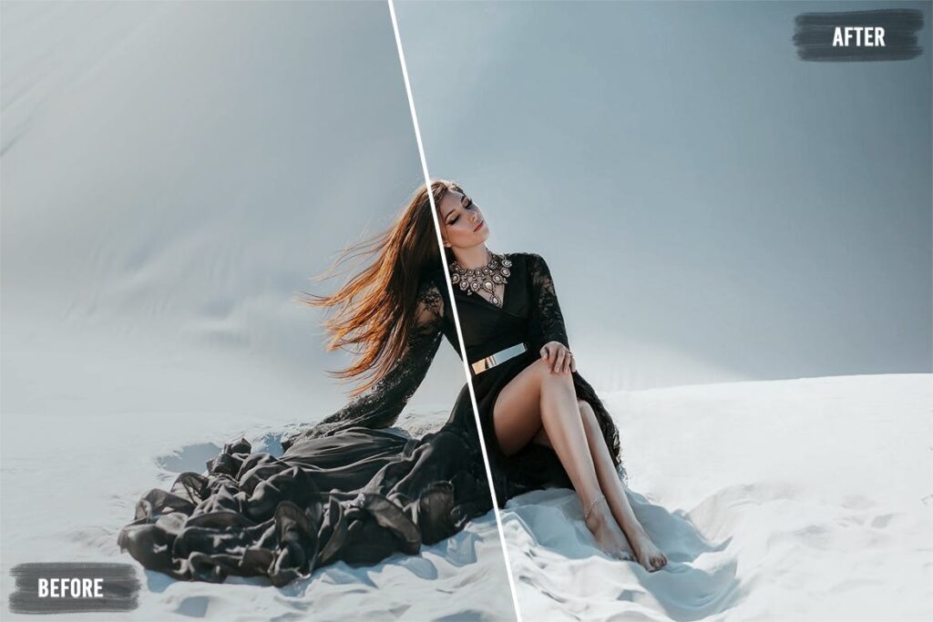 A woman wearing a black dress sitting in snow before and after editing