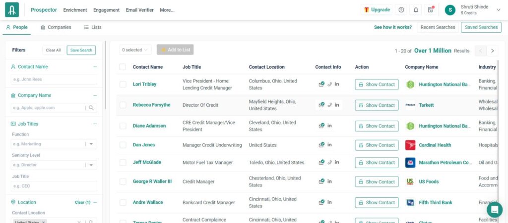Preview of Prospector Tool of B2B Database Platform