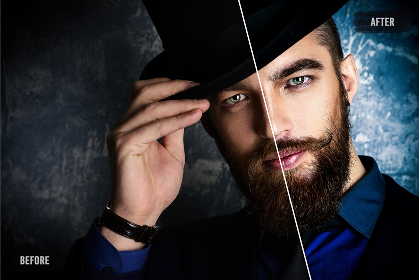 This image showcases before and after edit picture of a man using avantgarde lightroom preset effect
