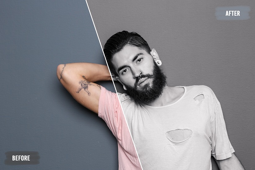 before and after editing with black and white fashion presets showcasing a man with beard