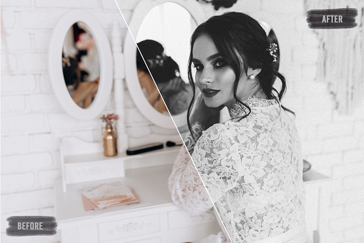 A before and after edit picture of a bride using black and white effect of photo presets
