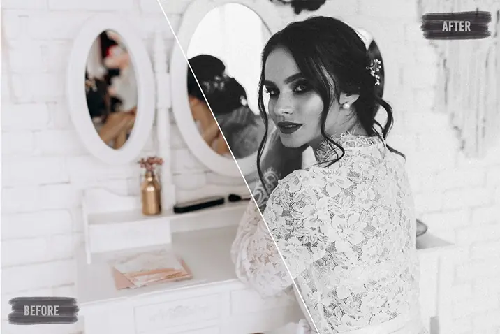 A before and after edit picture of a bride using black and white effect of photo presets