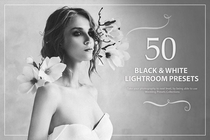 Black and white presets effect feature image showcasing a woman in a white dress and flowers