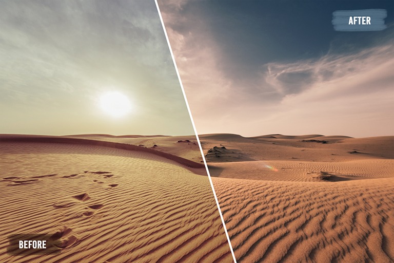 landscape of a dessert before and after editing lightroom presets