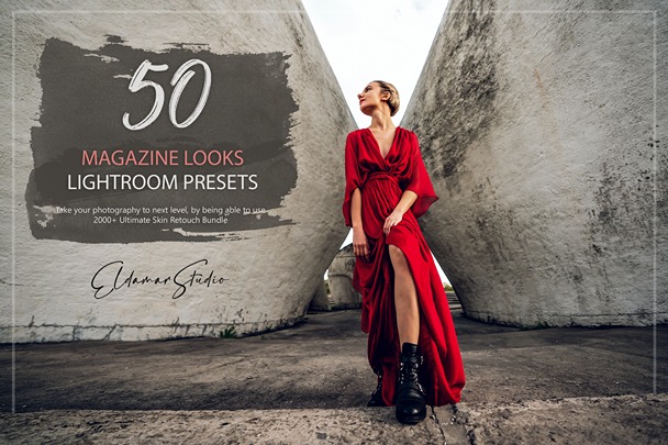 magazine lightroom presets bundle feature image showcasing a woman in a red dress