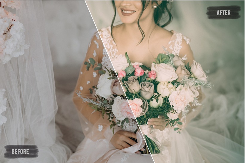 before and after matt effect picture of a bride holding a bouquet