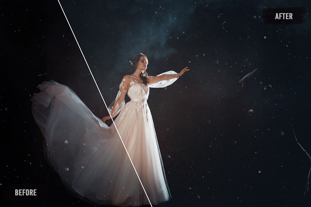 Before and after edit picture of a bride using nostalgia photo presets effect