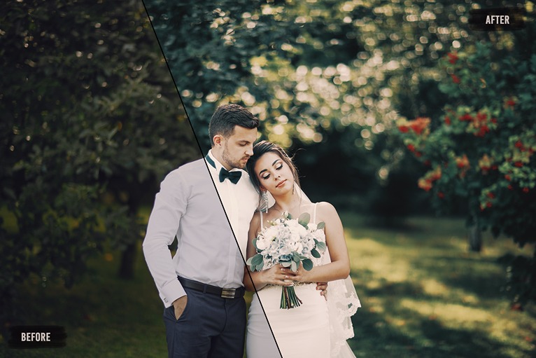 a before and after edit picture of a couple outdoors using outdoor wedding pretty presets effect