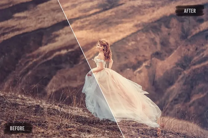 before and after effect pastel photography presets image showcasing a bride in a wedding dress