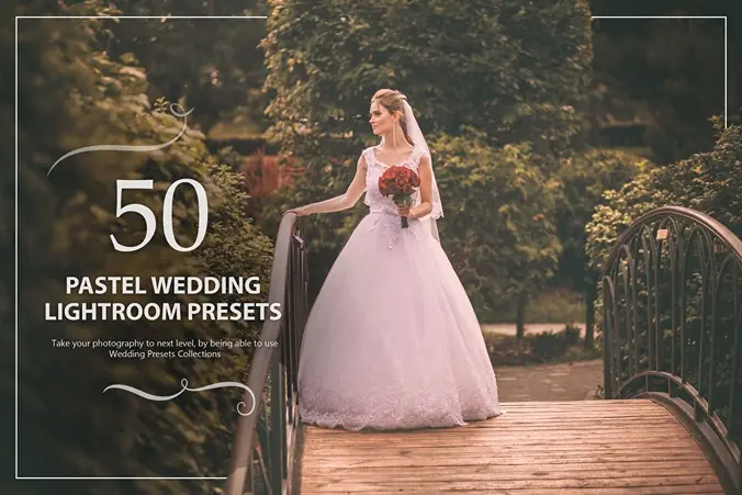 Pastel wedding lightroom presets feature image showcasing a bride over a bridge holding a bouquet