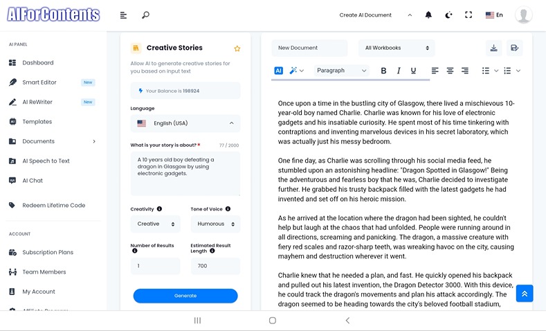 Write Creative stories using AI Ciontent generator and writing assistant