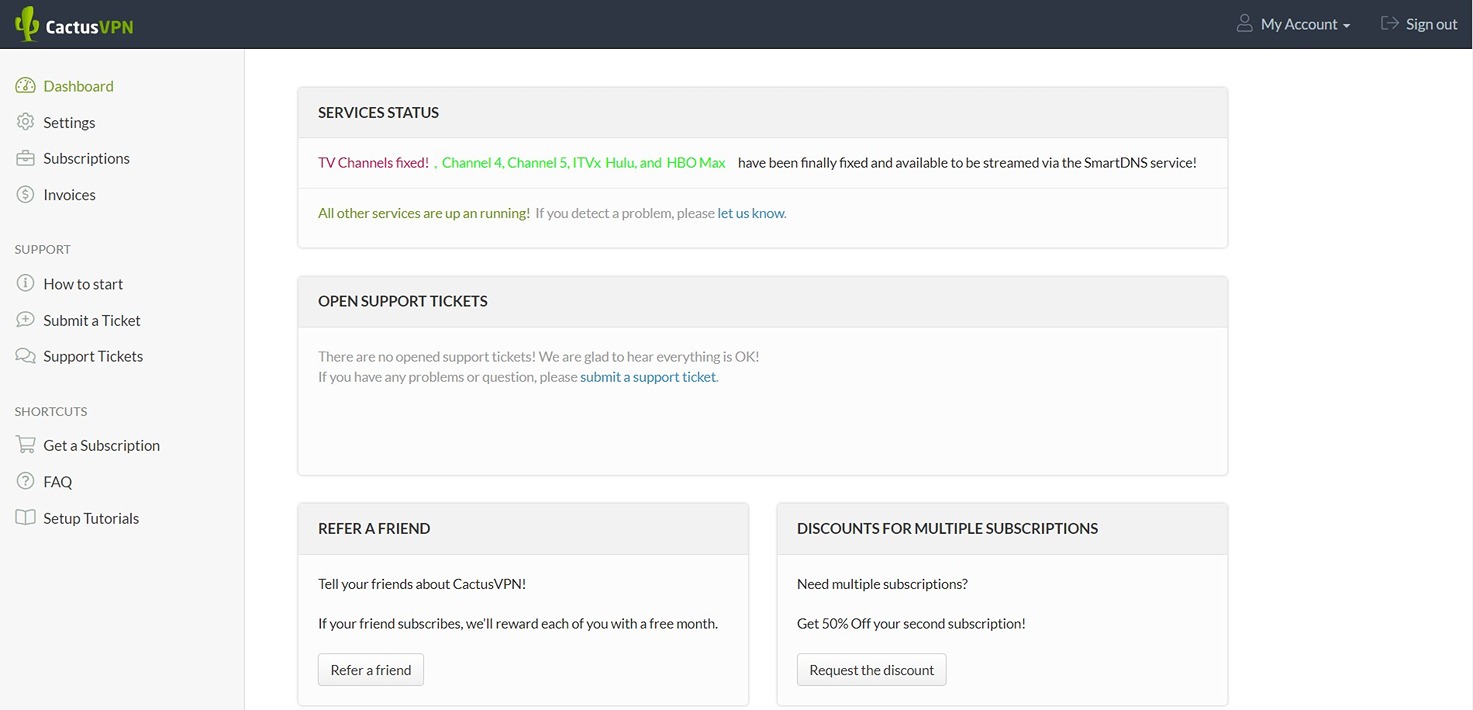 CactusVPN - VPN Annual Subscription Dashboard showcasing service details