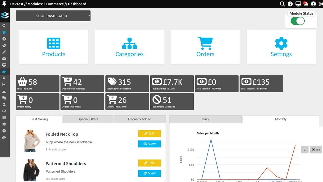 Shop Dashboard showcasing product details, categories, settings