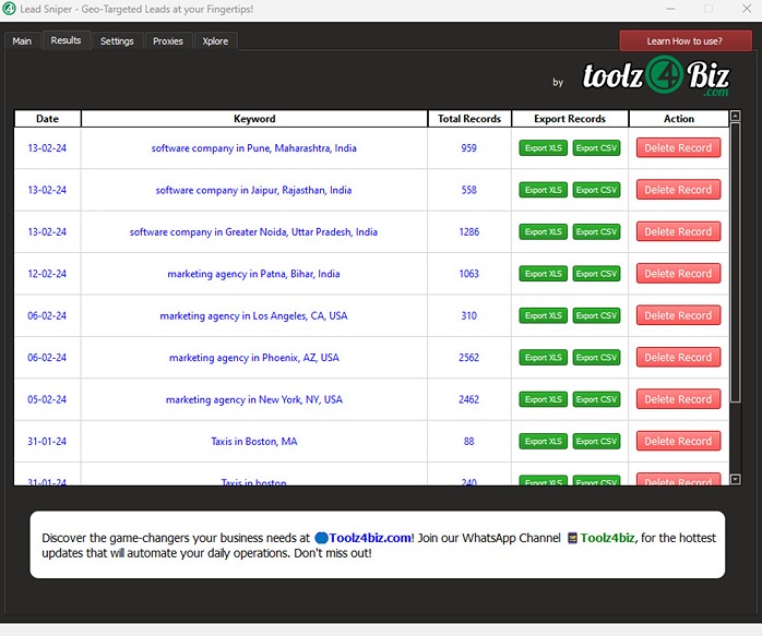 Export Records of different companies acquired using lead generation tool/software
