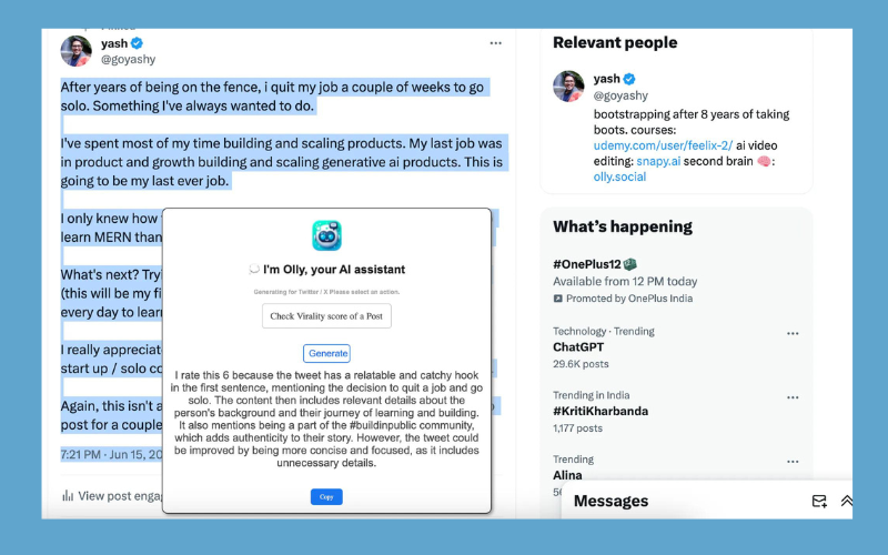 Virality score user interface of Olly AI assistant - social media content analysis