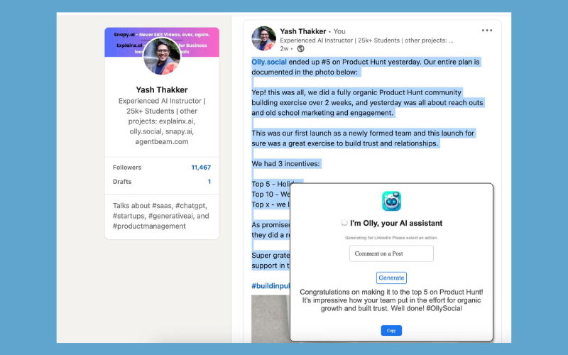 Comment generation user interface of Olly - AI social media assistant