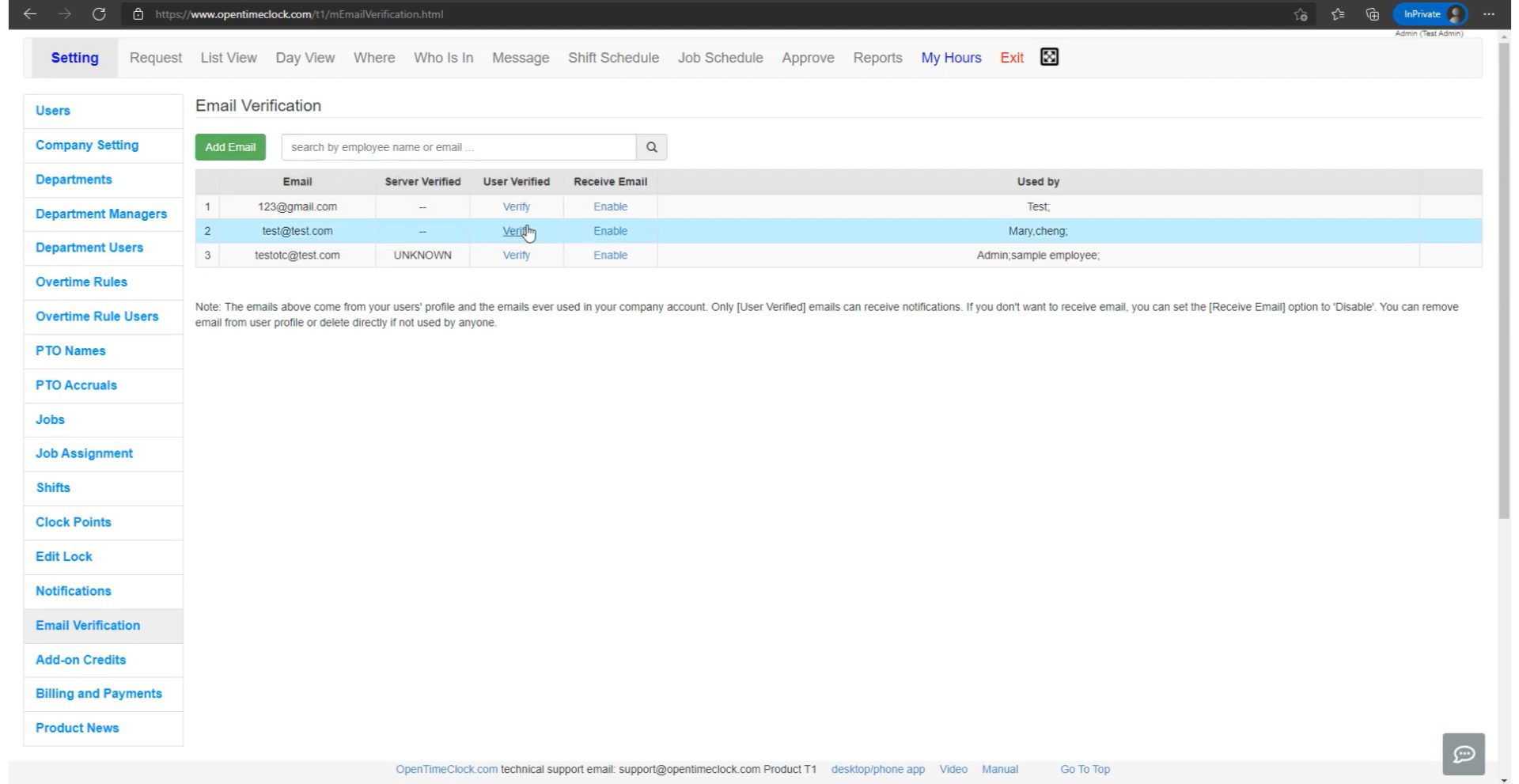 Email verification user interface of Open Clock Time - time clock software