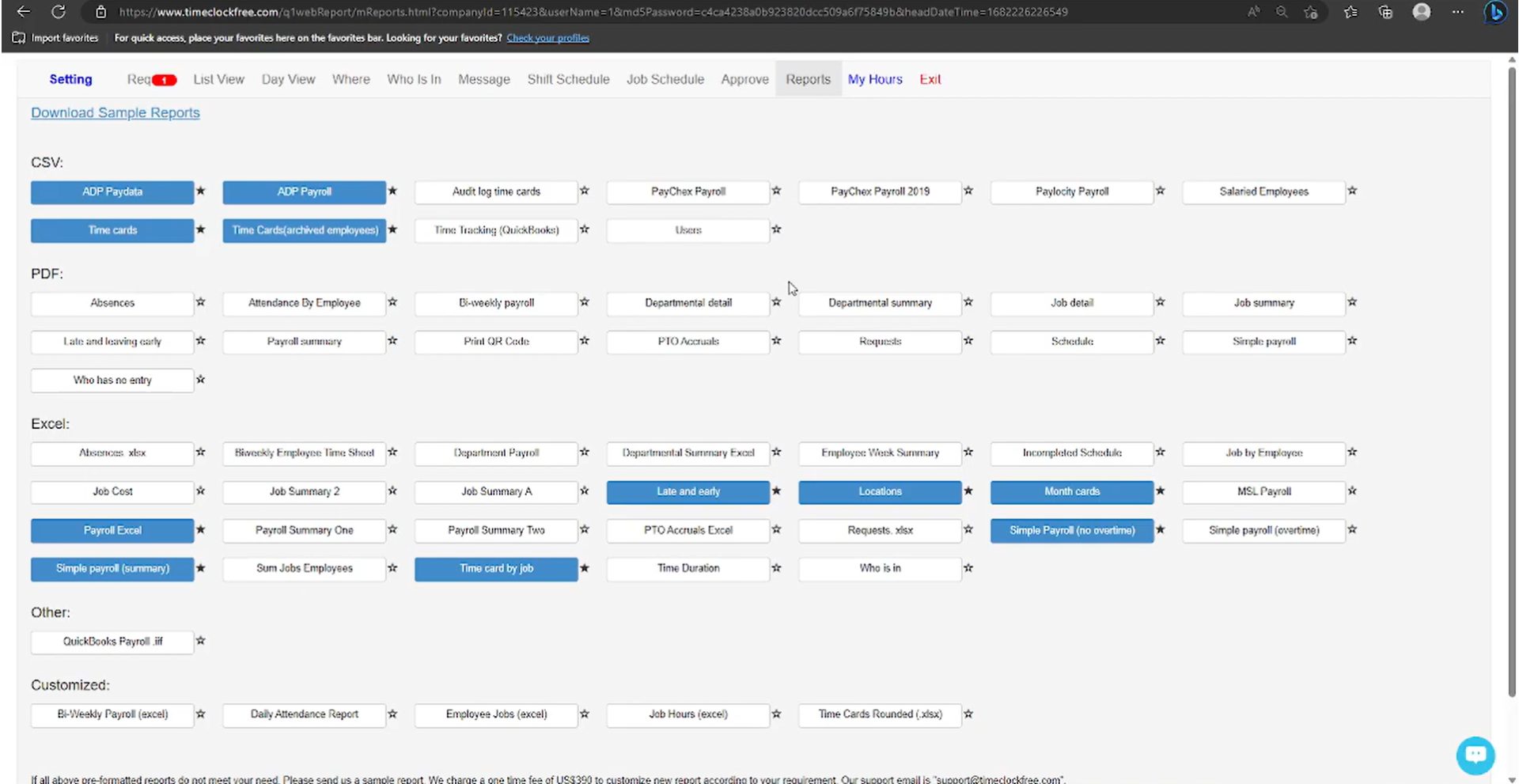 Report format available in Open time clock - clock in software for employees