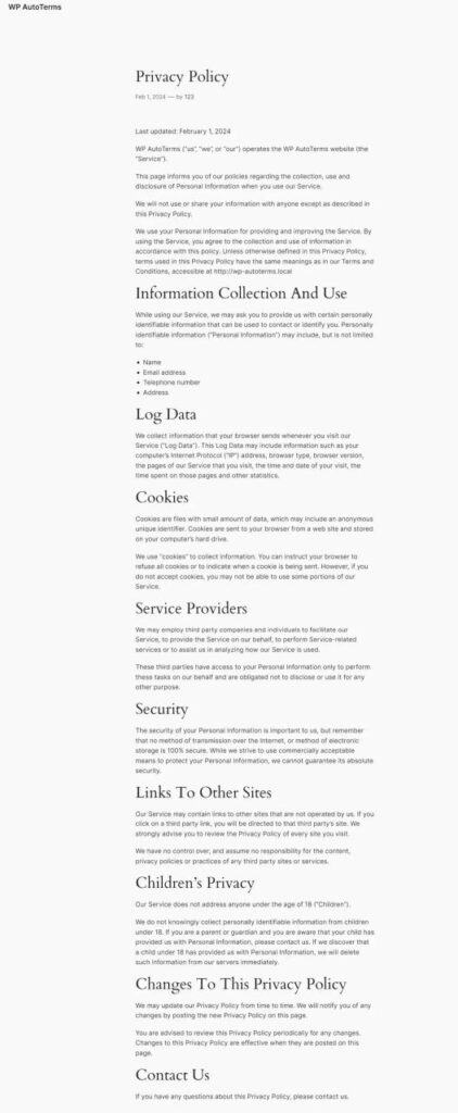 WP AutoTerms privacy policy page examples