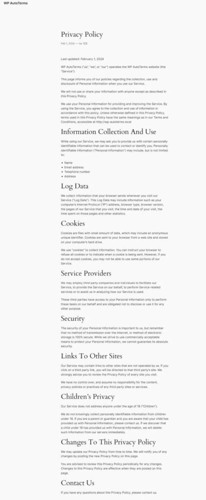 WP AutoTerms privacy policy page examples