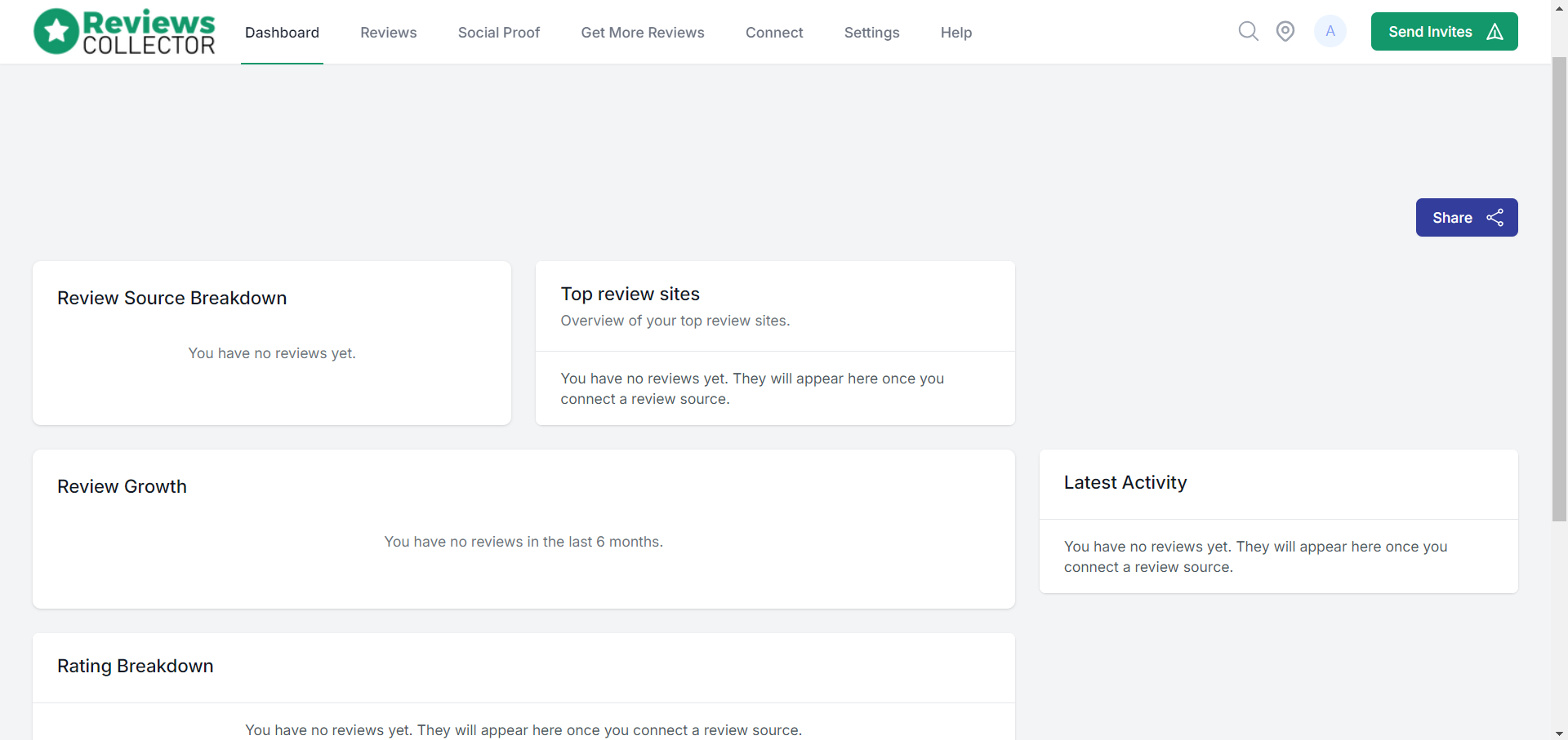 Dashboard user interface of Reviews Collector - review Management tool