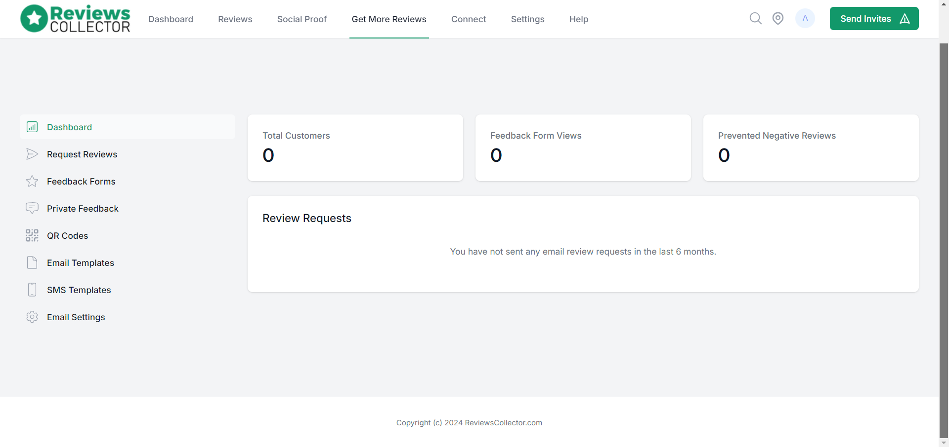Get more reviews dashboard user interface of Reviews Collector - Collect Customer Feedback