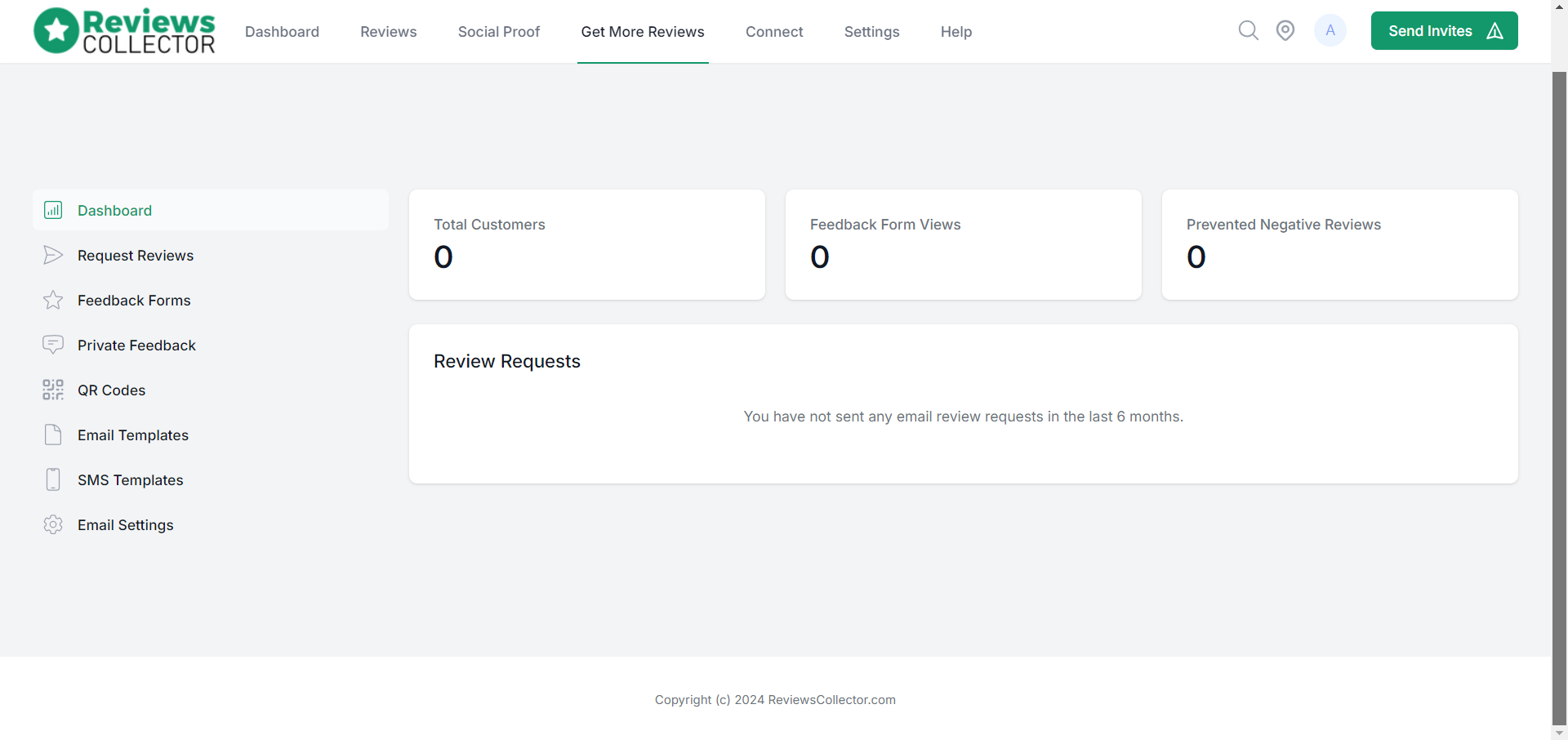 Get more reviews dashboard user interface of Reviews Collector - Review management software