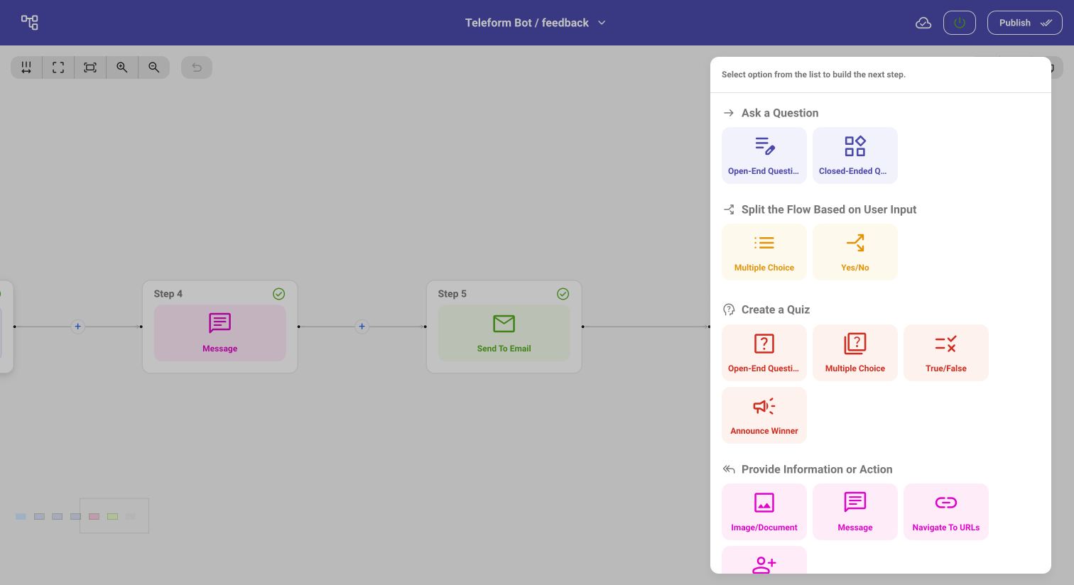 chat bot function menu in Teleform - telegram bot builder