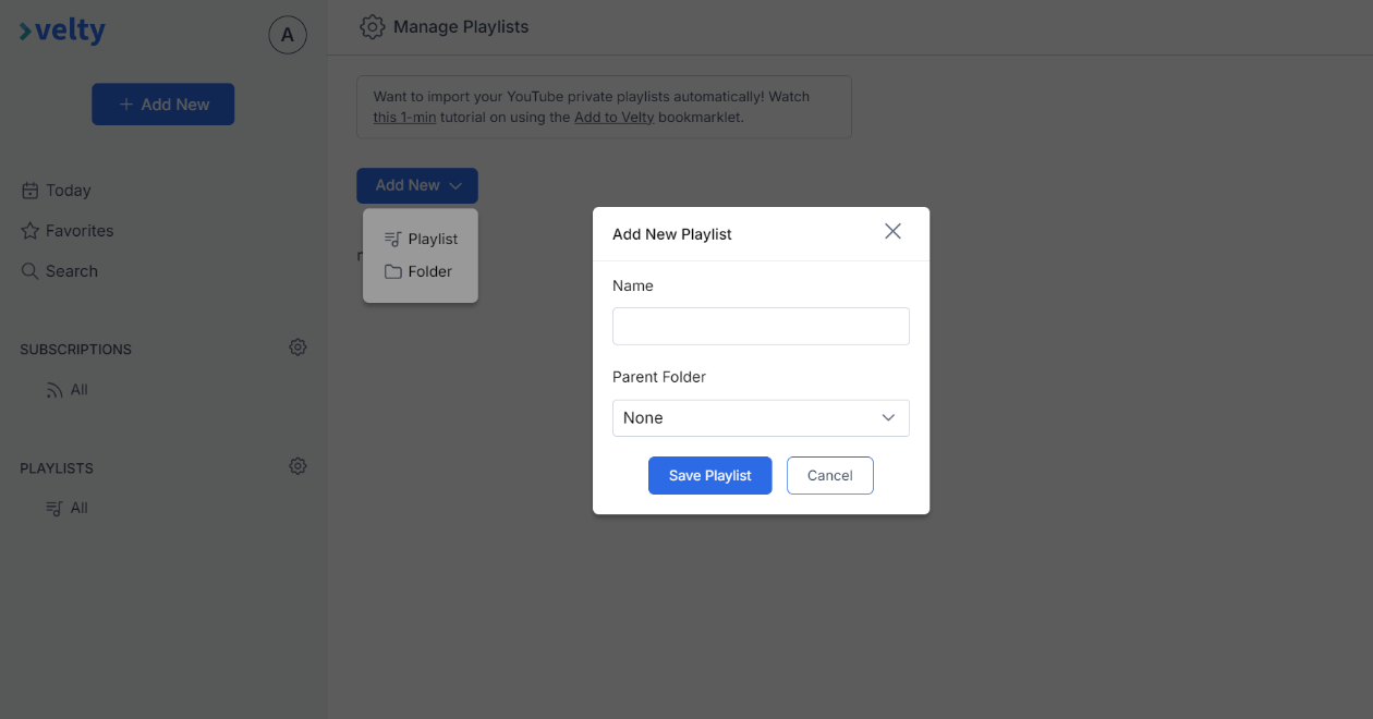 Add new playlist feature of Velty - youtube playlist organizer