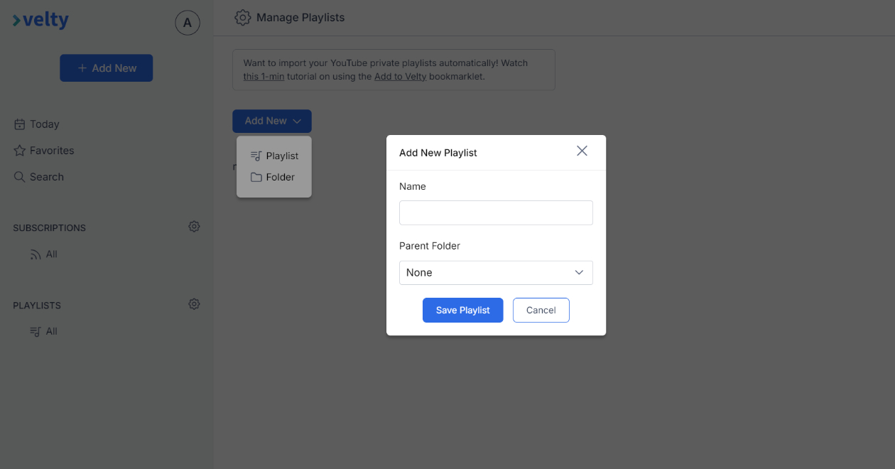 Add new playlist feature of Velty - youtube channel organizer