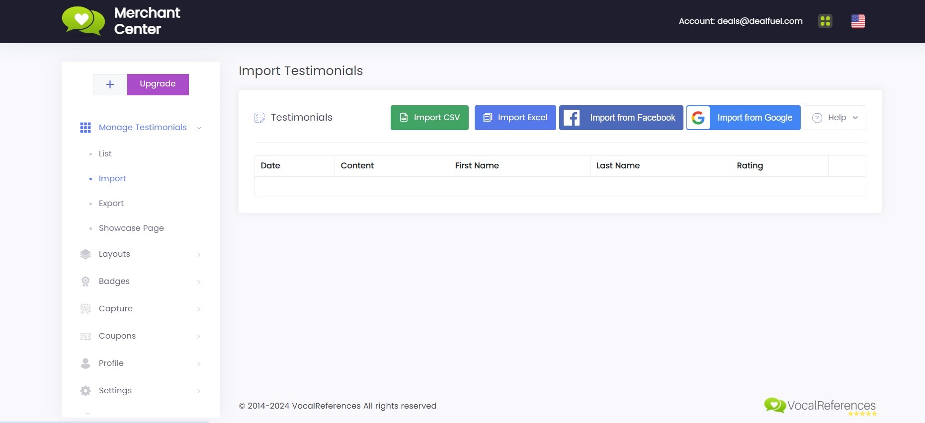 Layout Showcasing Manage and Import Testimonials