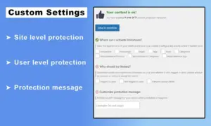 Custom Settings of WordPress Plugin For Security showcasing site level protection and user level protection