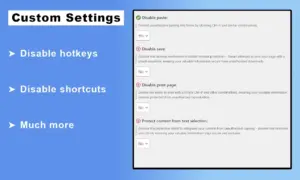 Custom Settings of WordPress content protection plugin showcasing the options to disable hotkeys, shortcuts and more