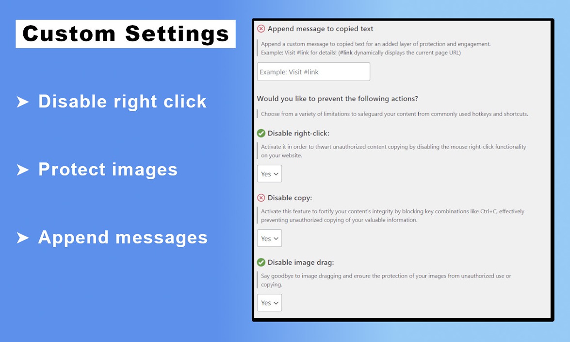 Custom Settings of WordPress Plugin to disable clicks, protect images, append messages