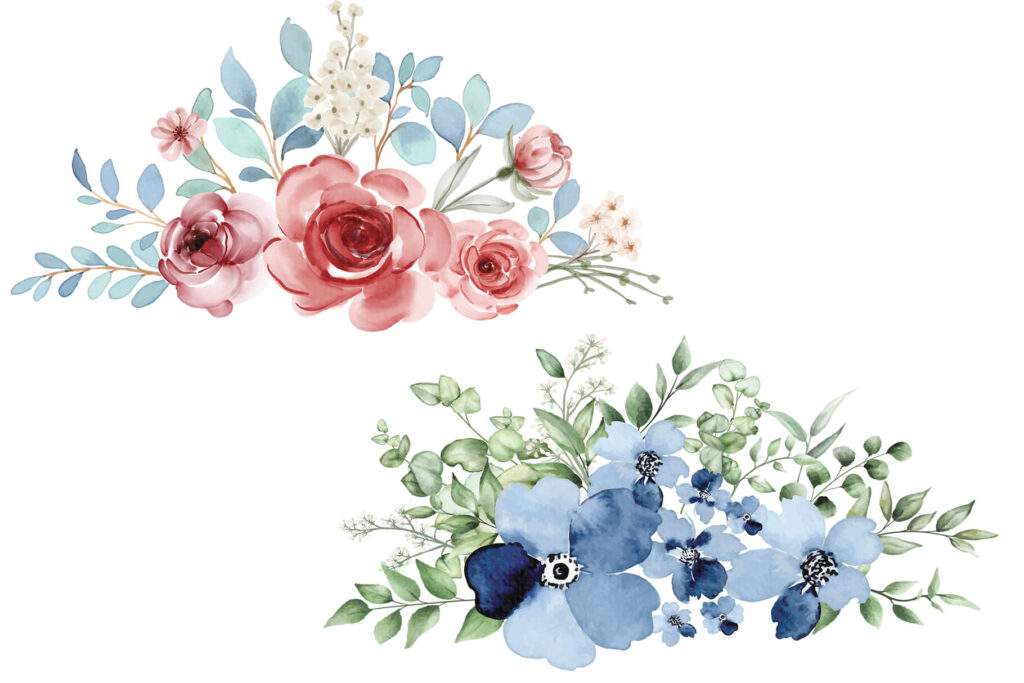 Pink and blue watercolor flower illustrations