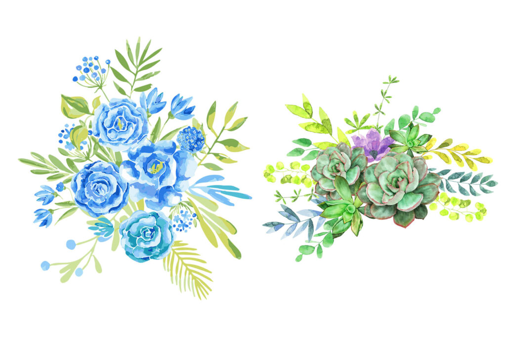Watercolor Illustration of bright blue and purple flowers