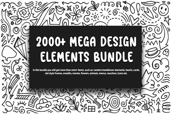 Mega Design elements bundle feature image showcasing a broad frame of hand drawn floral design.