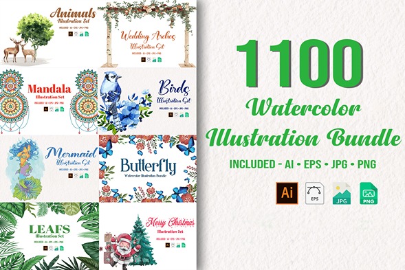 Water colored illustrations bundle feature image showcasing a collage of varouos designs created using water colors