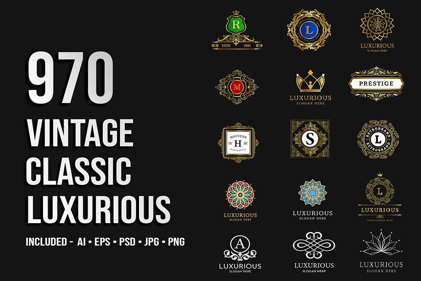 Vintage Classic luxurious Logos Feature image showcasing a collage of logos on a dark background