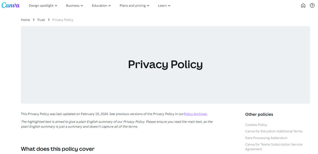 Canvas Privacy policy