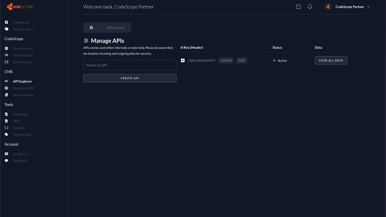 Manage APIs for User-friendly interface of CodeScope AI App Builder, AI app development, plugin automation, WordPress themes