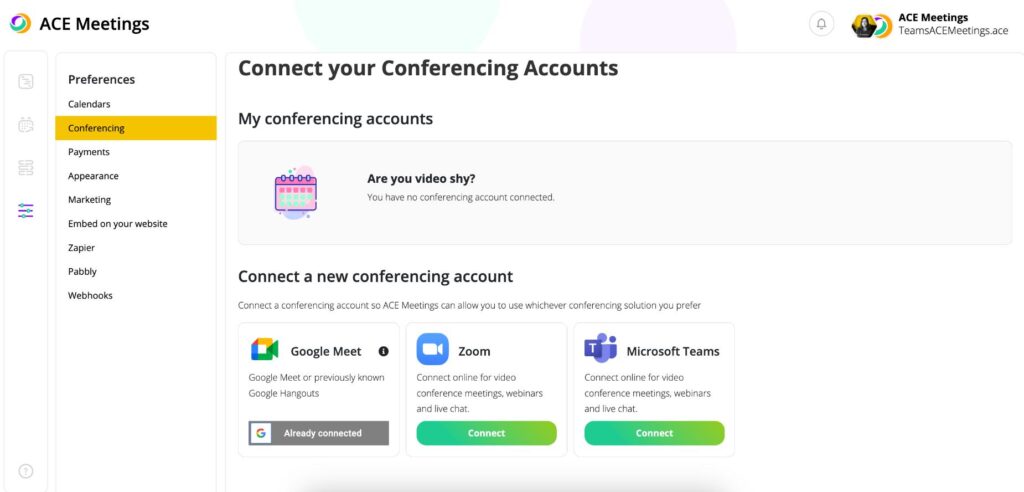 Conferencing accounts interface