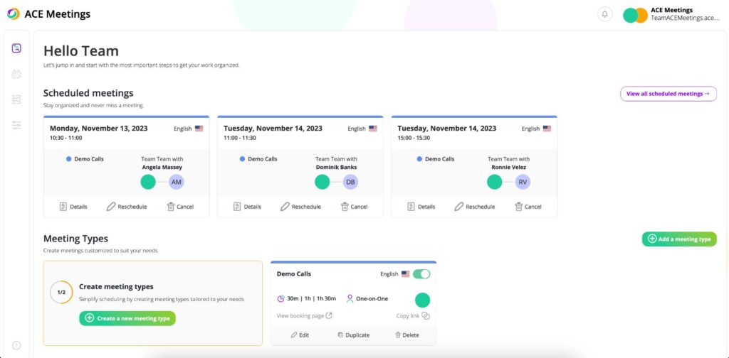 ACE Meetings - best software for appointment scheduling dashboard