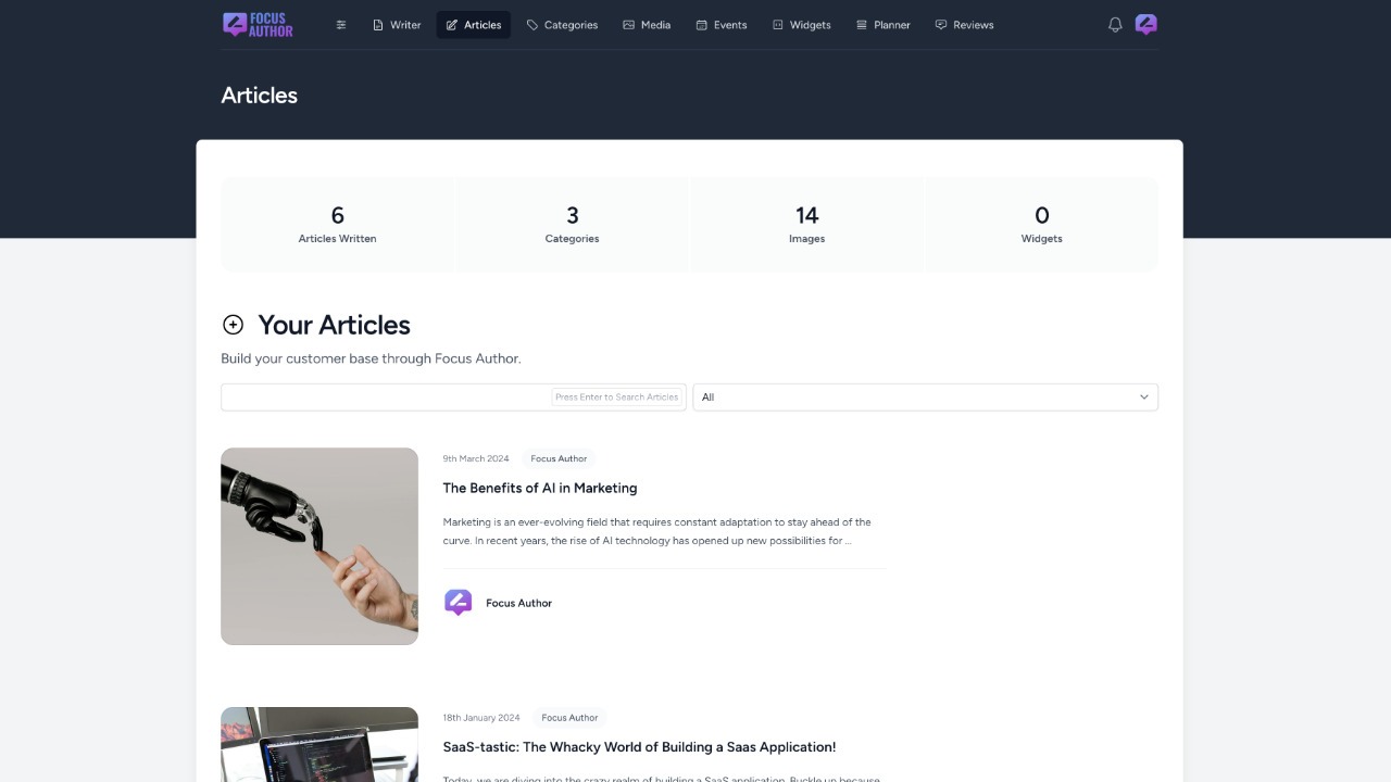 Blog Page UI of Focus Author Content Management Tool