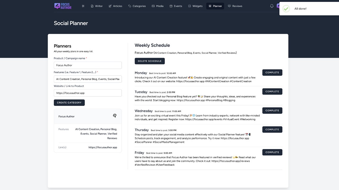 Social Media planner feature of the content management tool focus author