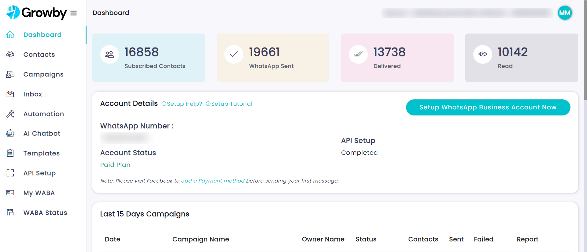 Main dashboard UI of Growby - WhatsApp Marketing platform