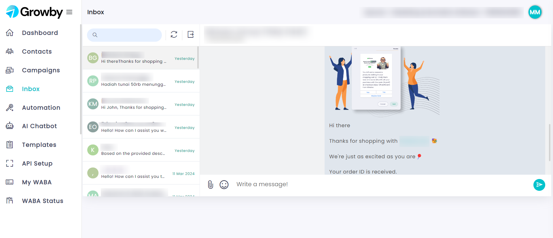 Inbox UI of Growby - WhatsApp Marketing Platform